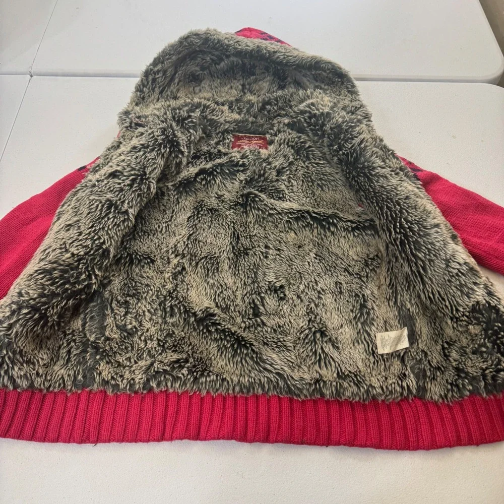 Y2K YISHION Red Reindeer Fair Isle Knit Hoodie Faux Fur Lined girl sz S‎ Holiday
